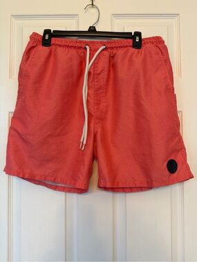 Men's Coral Elastic Waist Swim Trunks with White Drawstring
